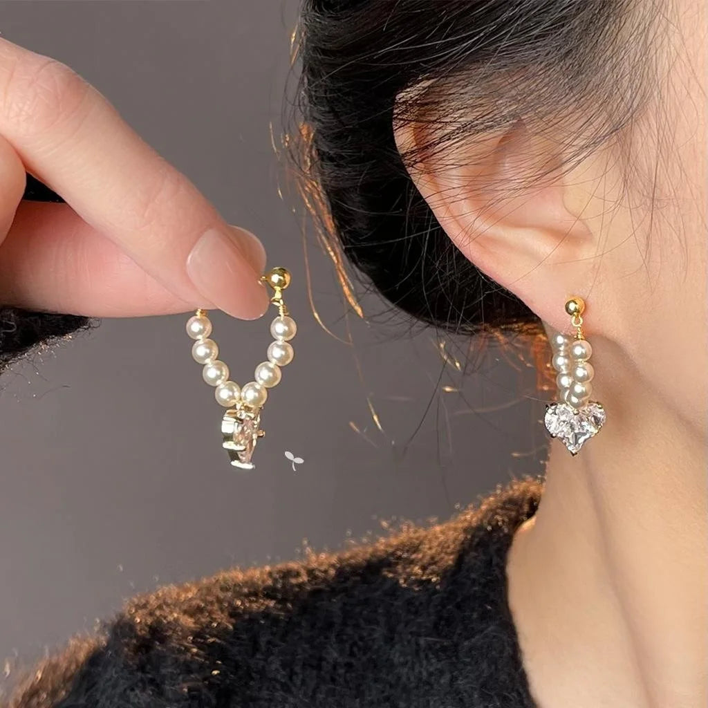 French Vintage 14K Plated Glass Pearl Zircon Heart Geometric Drop Earrings for Women