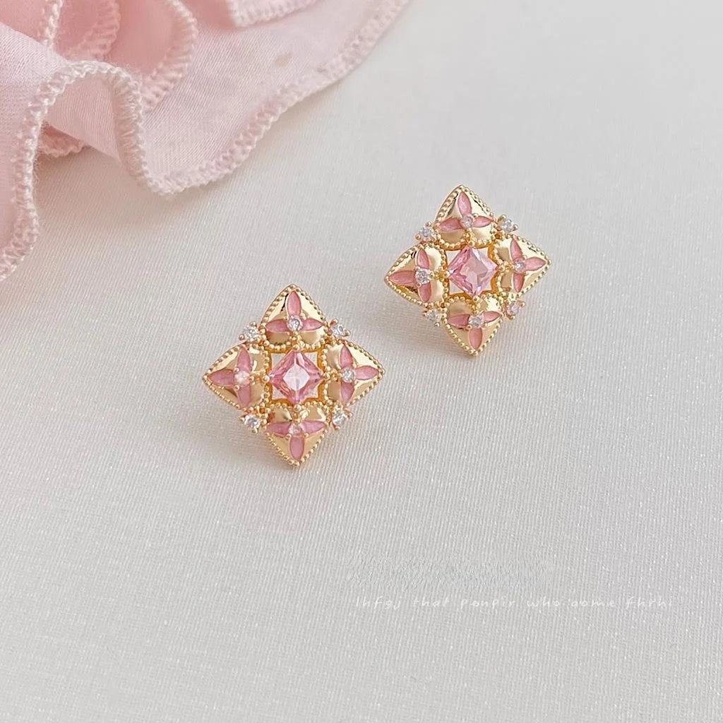 Copper Micro Pave Zircon Painted Geometric Floral Chic Stud Earrings