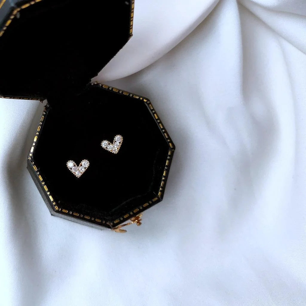 14K Gold Plated Mini Heart Zircon Micro Pave Stud Earrings Korean Style