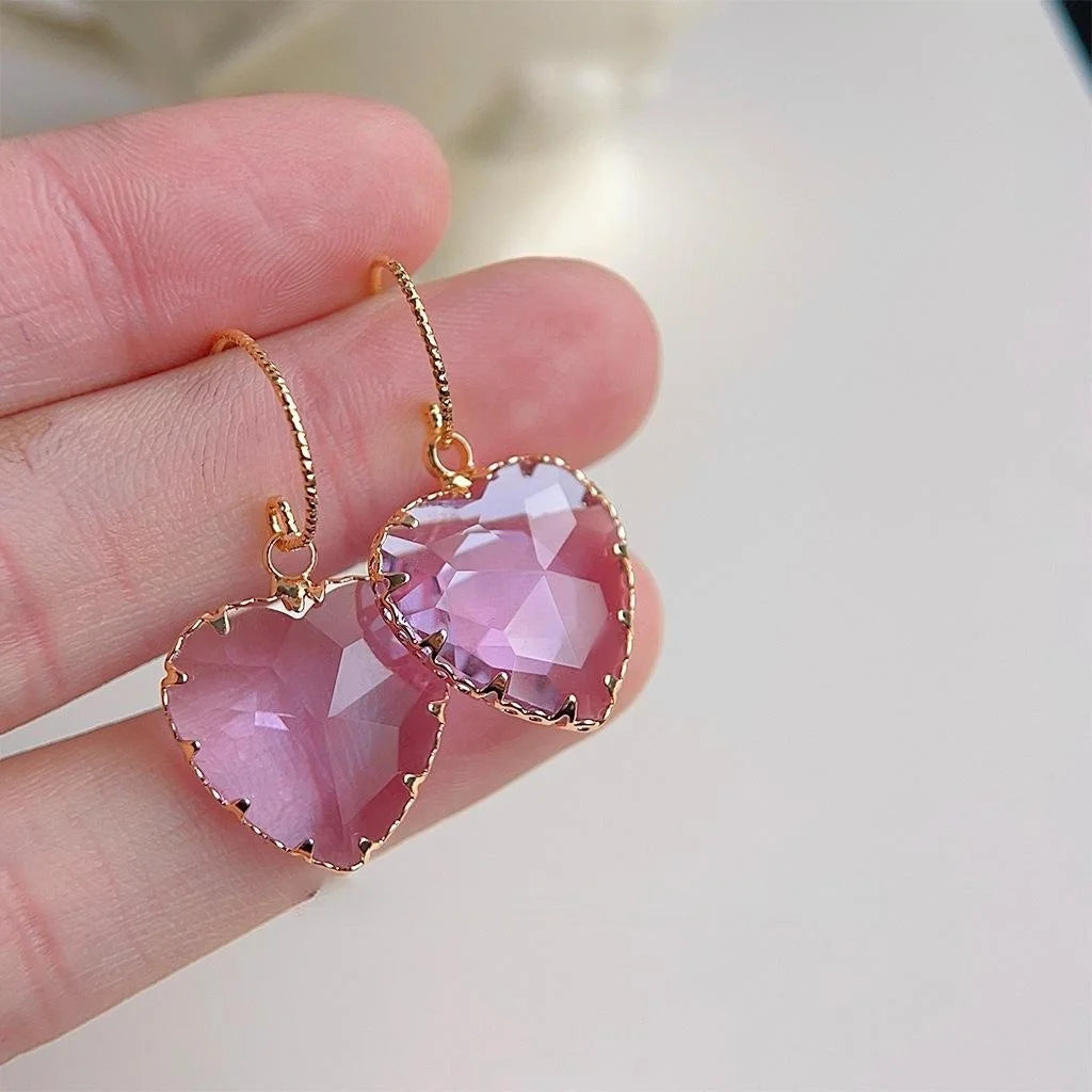 18K Plated Copper Glass Crystal Heart Drop Earrings Vintage Luxury Sparkly Women's Jewelry