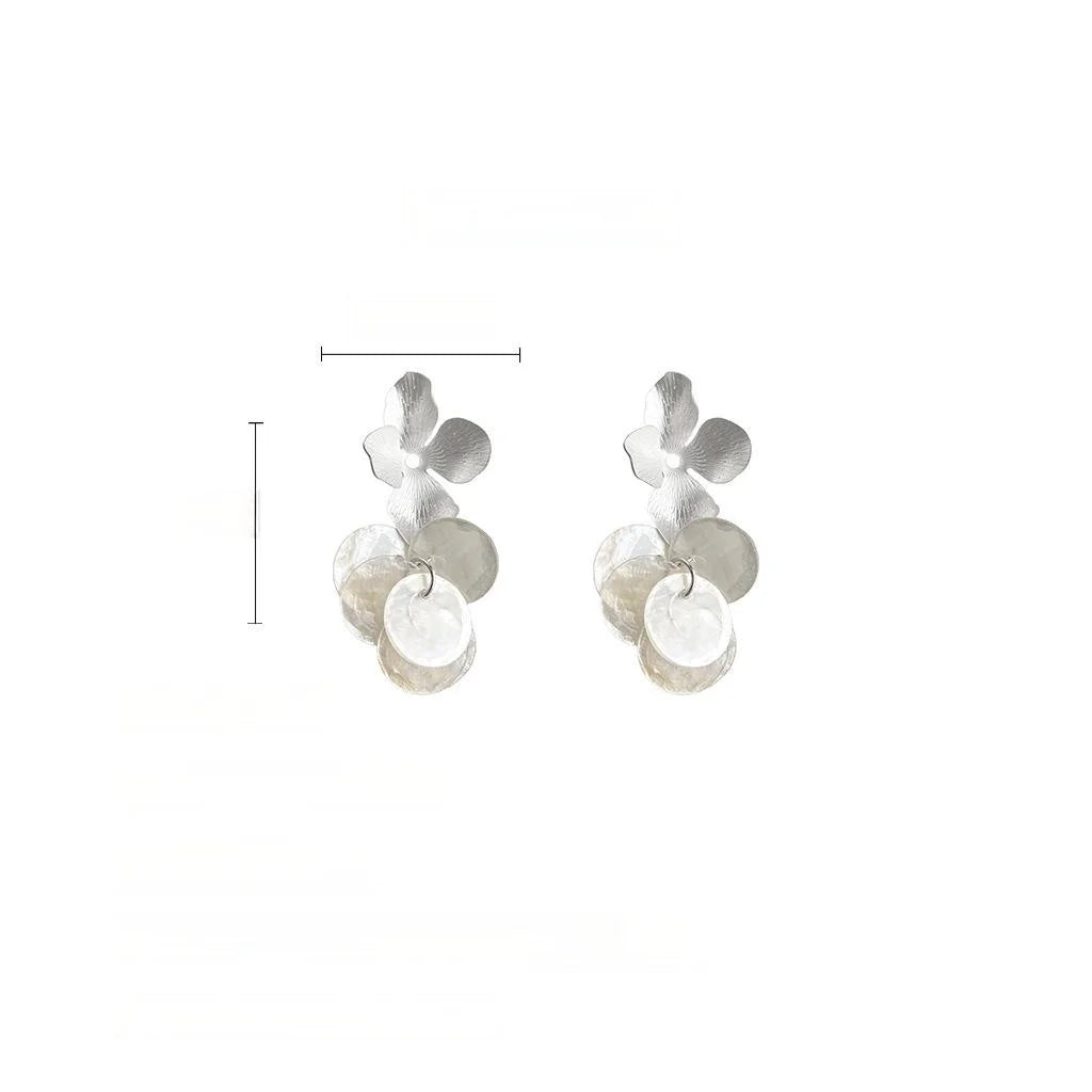 Real Shell Matte Silver Plated Floral Tassel Drop Earrings Fresh Vacation Style