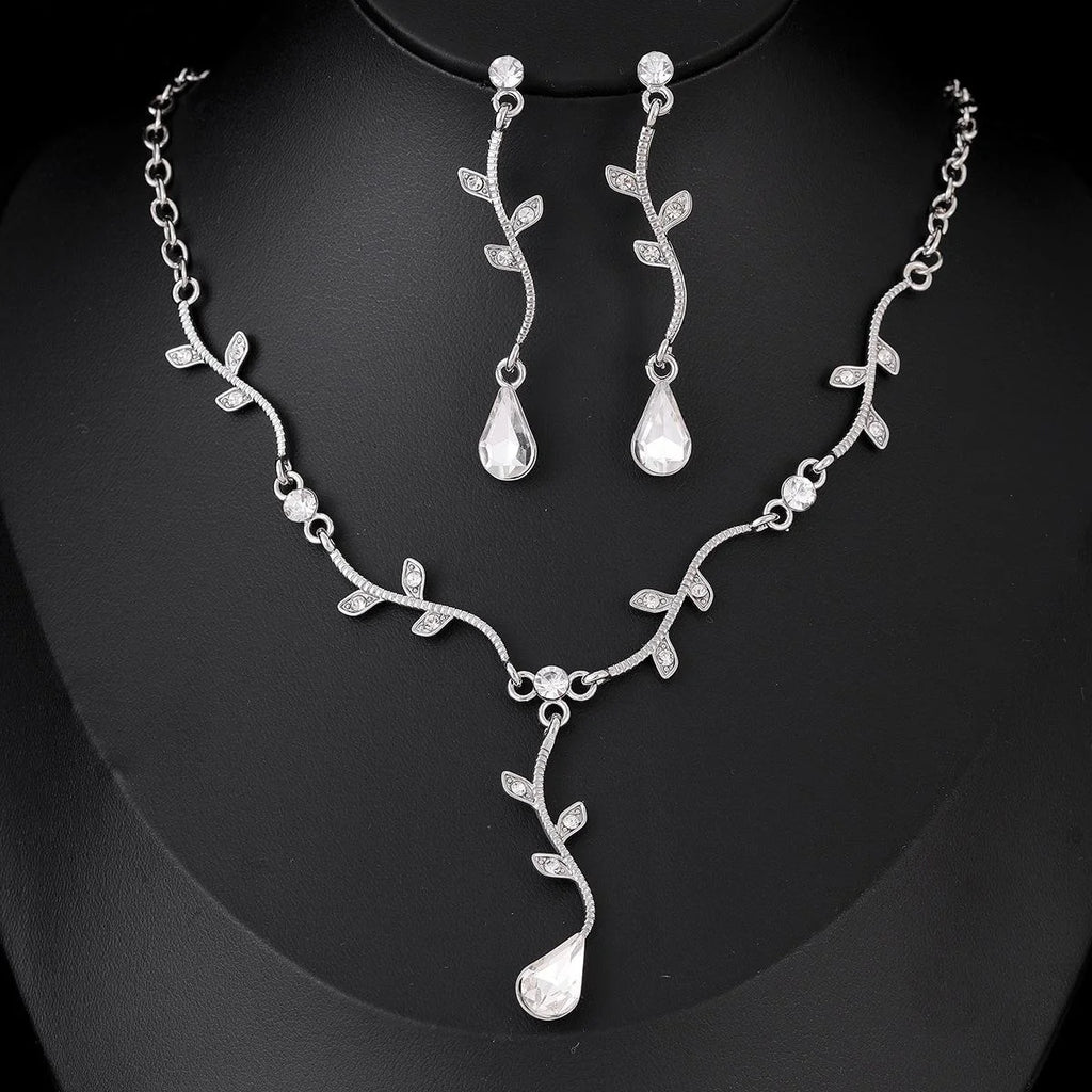 Elegant Silver Branch Leaf Zircon Crystal Teardrop Earrings And Necklace Jewelry Set For Wedding Party Gift