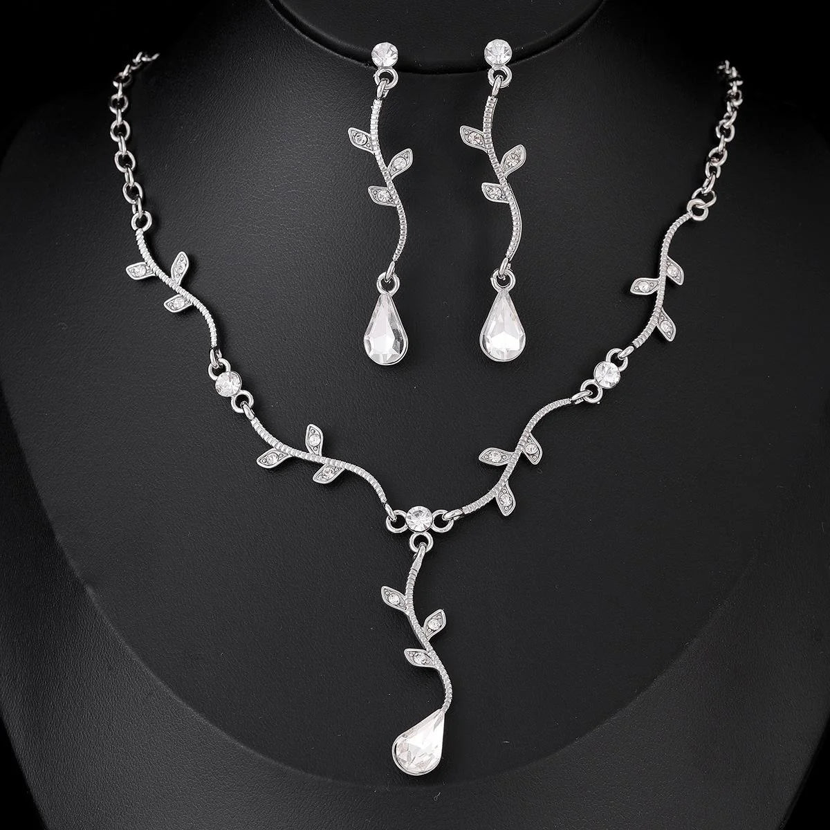 Elegant Silver Branch Leaf Zircon Crystal Teardrop Earrings And Necklace Jewelry Set For Wedding Party Gift
