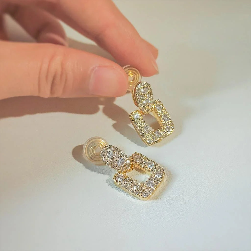 18K Gold Plated Copper Zircon Geometric Rectangle Clip On Drop Earrings
