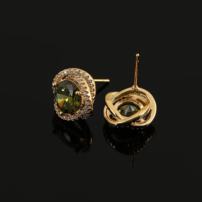 Elegant Olive Green Zircon Spiral Geometric Stud & Clip On No Piercing Gold Alloy Rhinestone Earrings