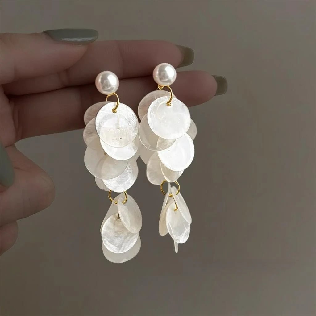 Copper Shell Pearl Tassel Drop Earrings For Women Summer Vacation Fresh Sweet Style