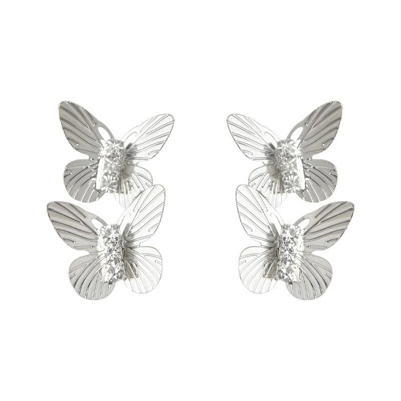 Elegant Copper Butterfly Drop Earrings With Micro Pave Zircon