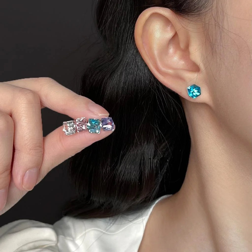 High Quality Aquamarine Glass Crystal Hexagon Geometric Stud Earrings For Women