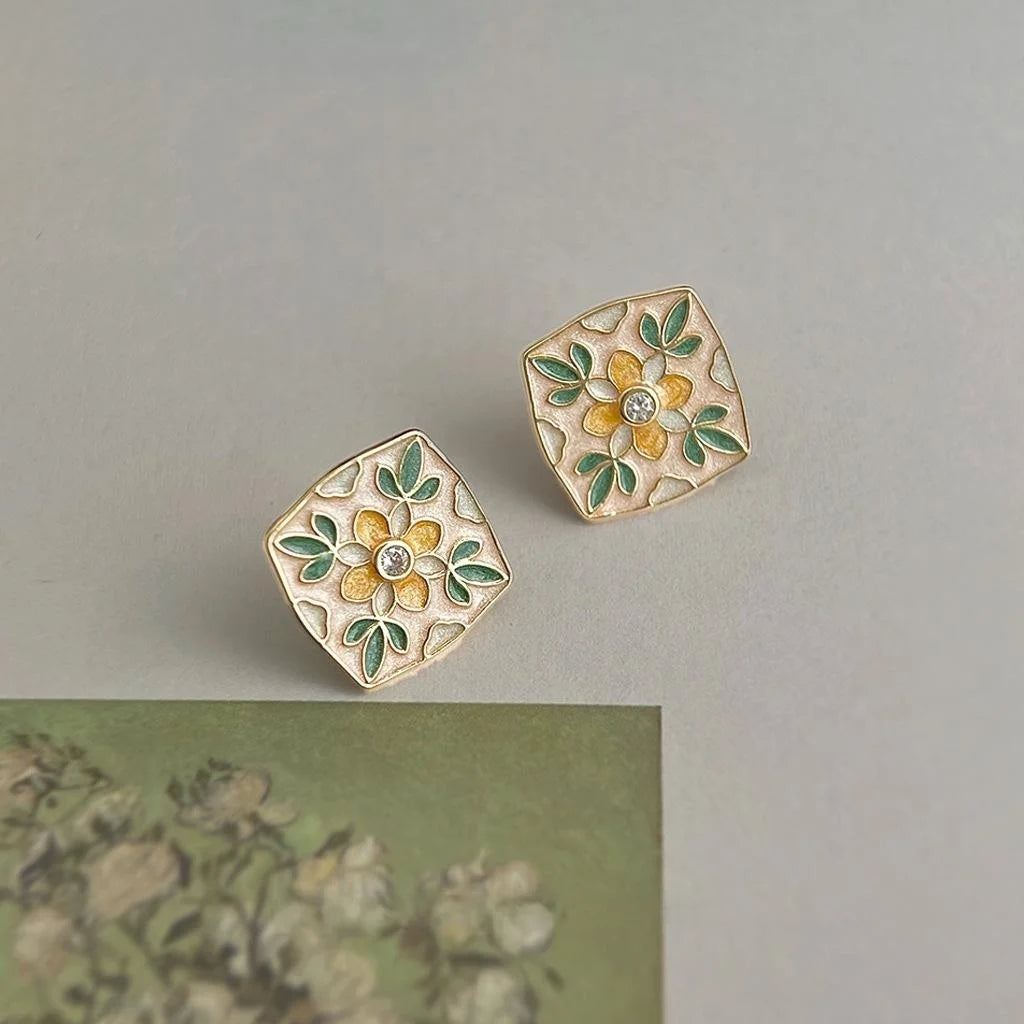 Chinese Style Enamel Drip Glaze Silver Plated Copper Floral Geometric Stud Earrings