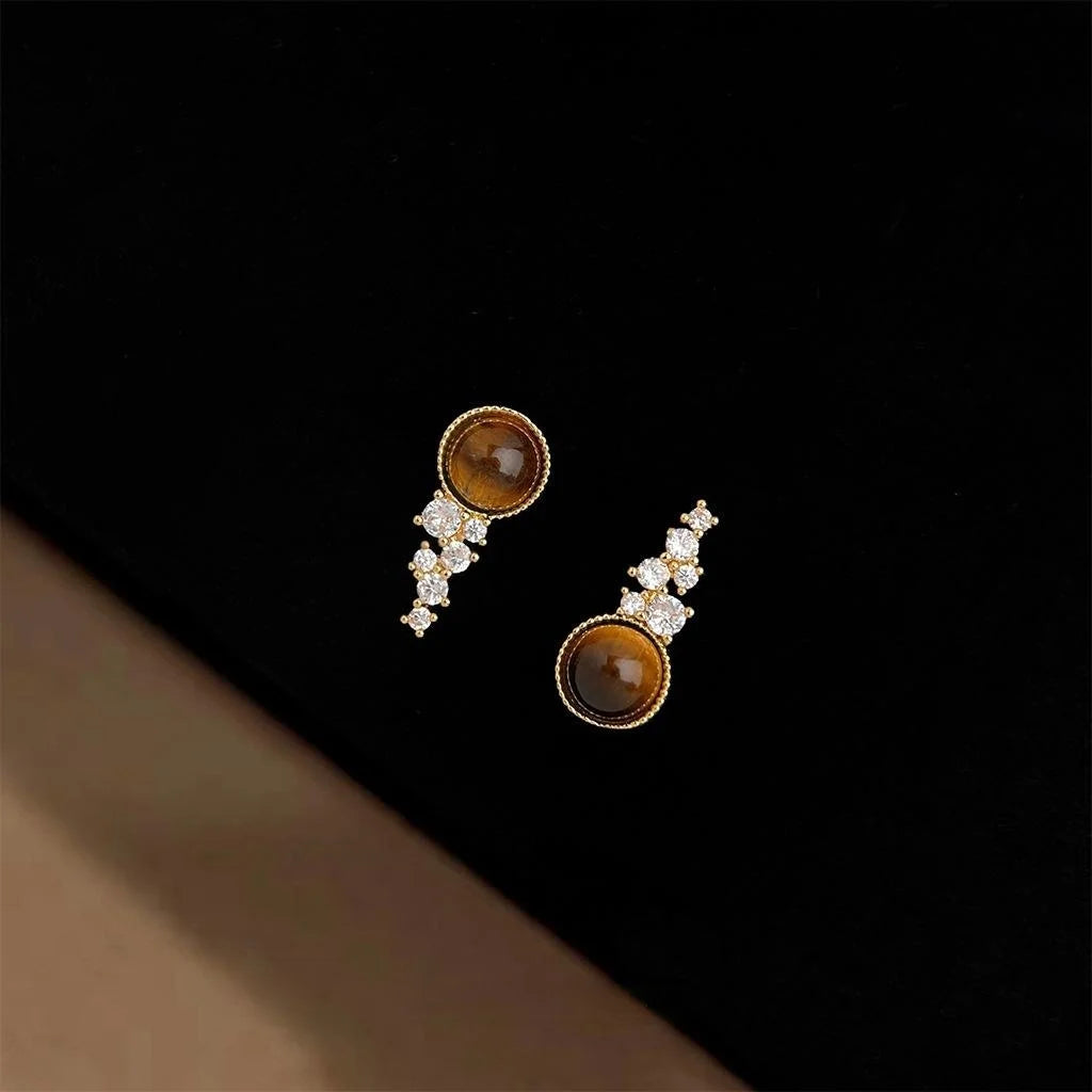 14K Plated Copper Tiger Eye Stone Zircon Round Stud Earrings