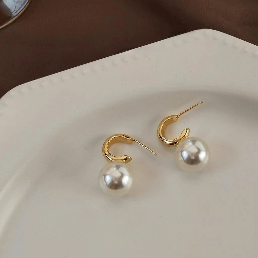 French Style 14K Gold Plated Copper C-Shaped Large Pearl Drop Earrings For Women