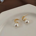 French Style 14K Gold Plated Copper C-Shaped Large Pearl Drop Earrings For Women