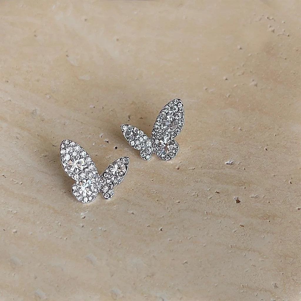 Sparkling Butterfly Glass Rhinestone Copper Stud Earrings Silver Plated Fresh Sweet Jewelry