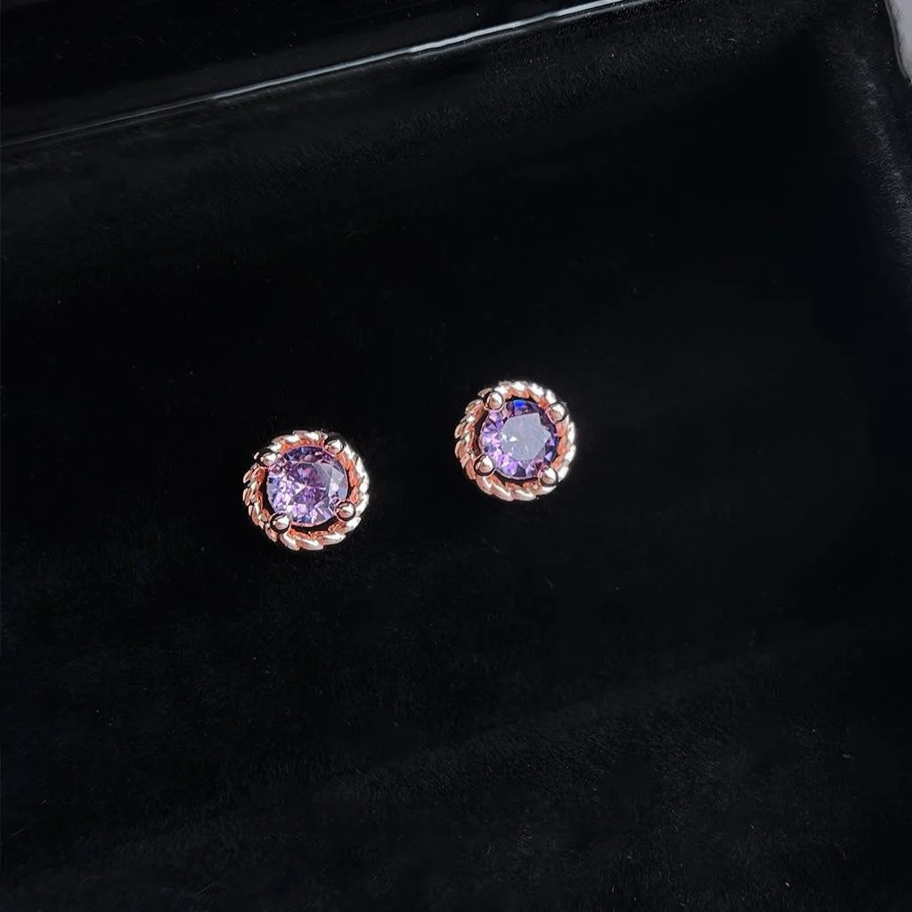 Mini Micro Pave Purple Zircon Round Geometric Rose Gold Plated Copper Stud Earrings
