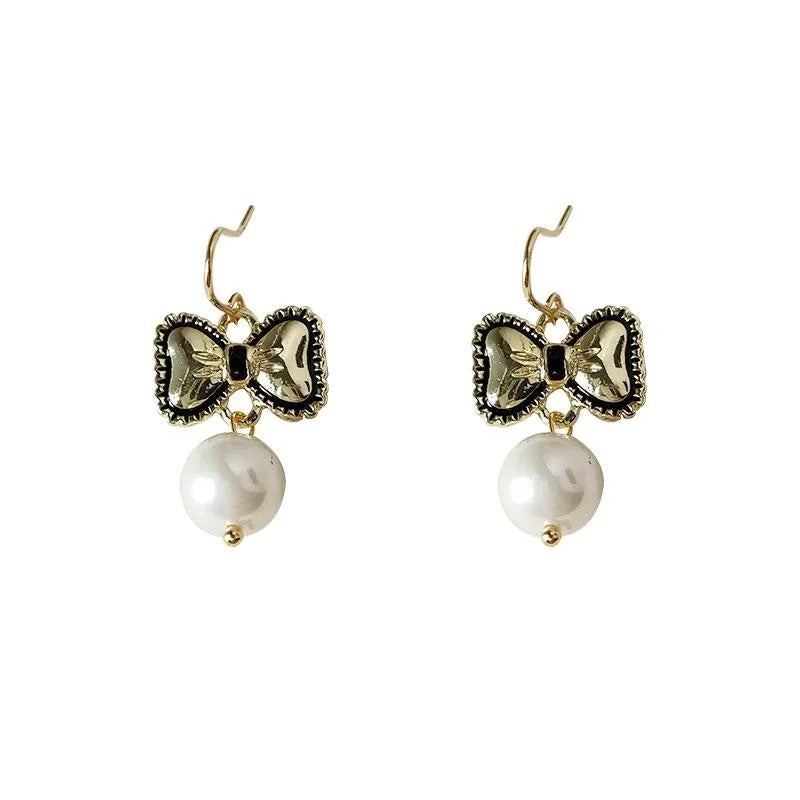Handmade Antique Blackened Copper Bow Pearl Drop Earrings Elegant Commuter Jewelry