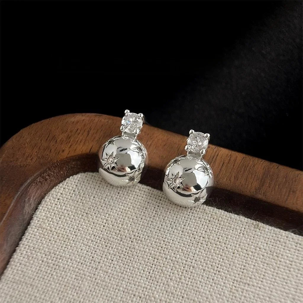 Light Luxury Copper Zircon Starburst Half Circle Geometric Silver Plated Stud Earrings