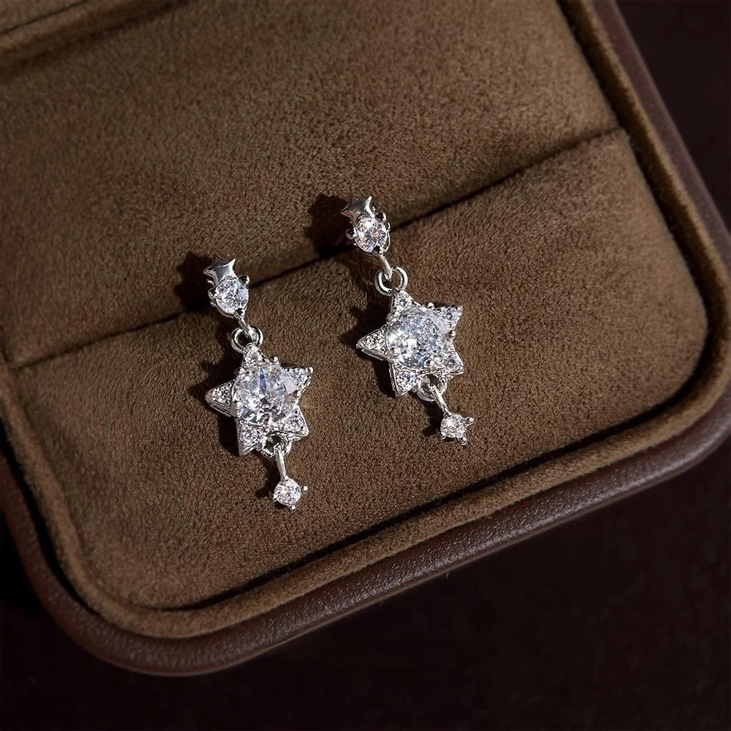 High-End Zircon Inlaid Five-Point Star Drop Earrings Eco-Friendly Copper Meteor Jewelry