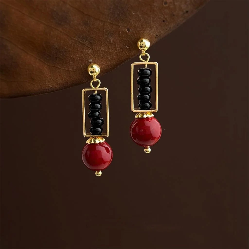 Red Black Handmade Chinese Style Geometric Drop Earrings With Glass Pearls And Natural Stone