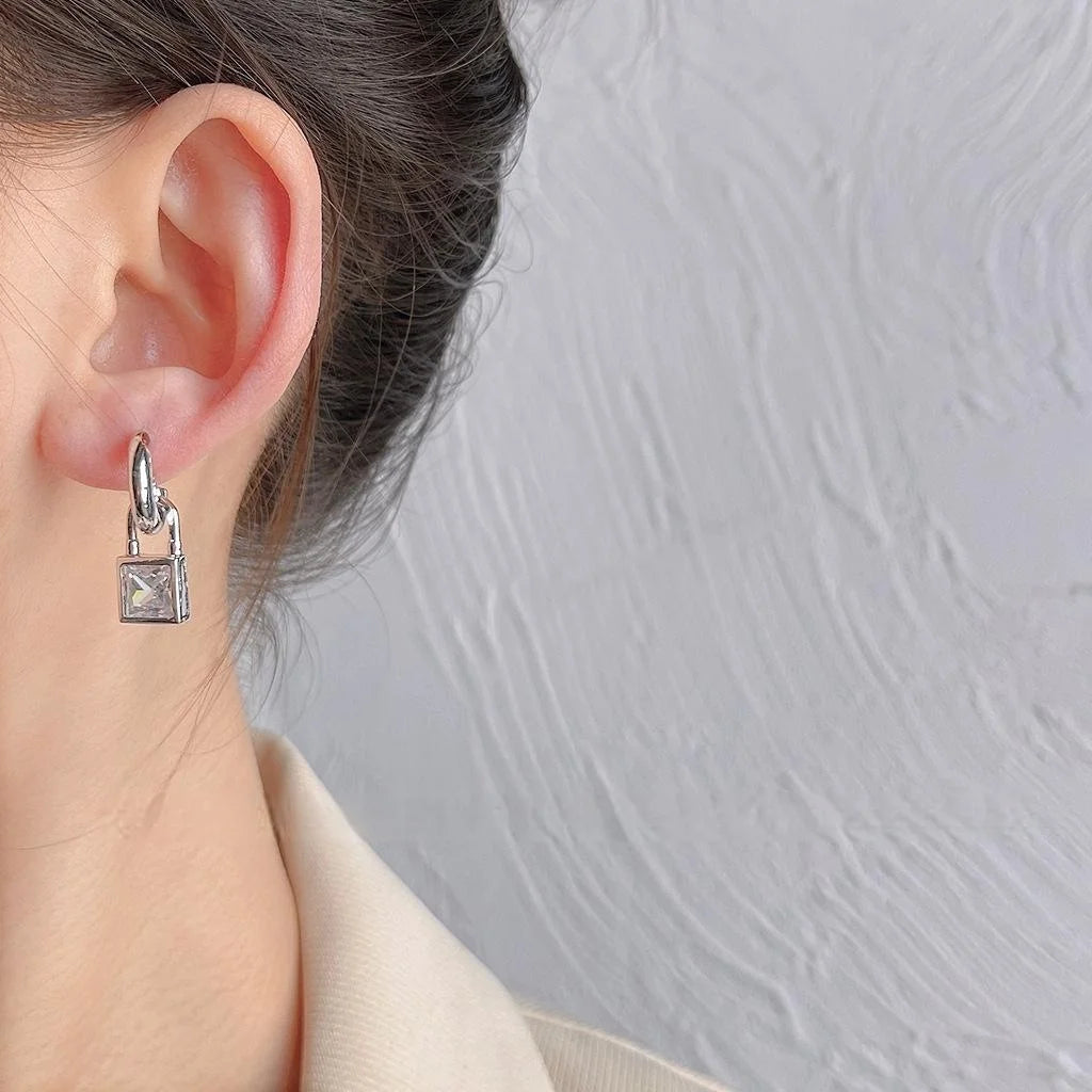Copper Geometric Sugar Cube Zircon Lock Stud Earrings Minimalist Luxury Style For Women