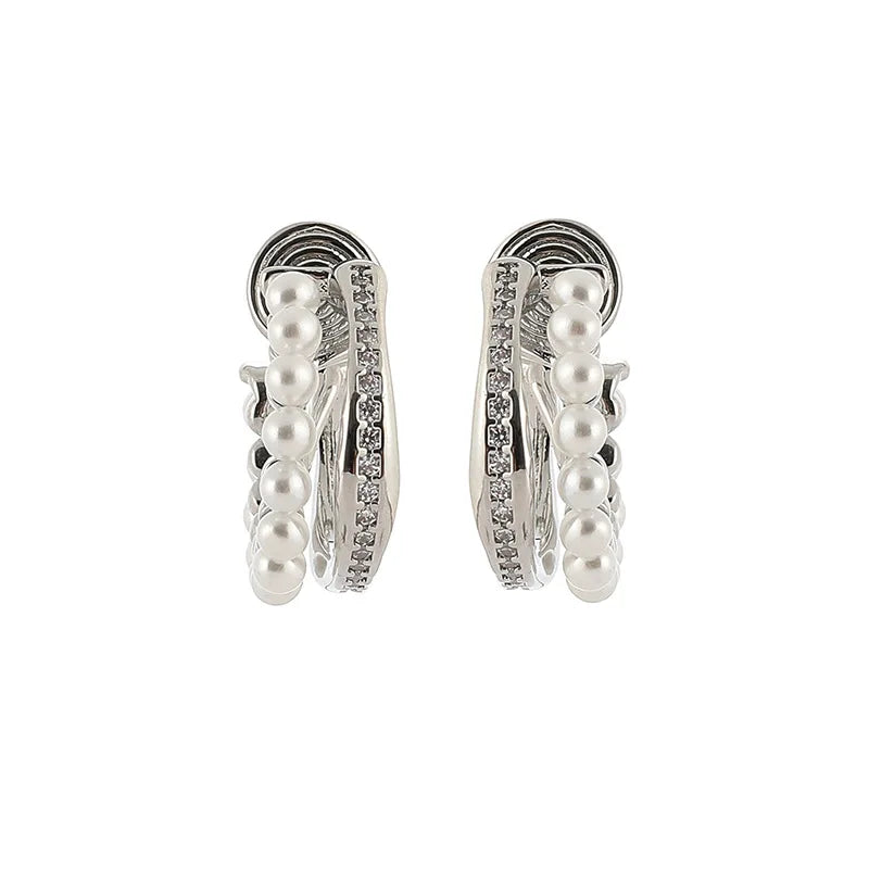 Elegant Pearl Beaded Zircon Hoop Stud & Clip On No Piercing Silver Alloy C-Shaped Huggie Earrings
