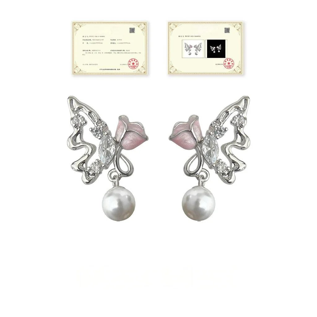 Original Designer Copper Butterfly Rose Flower Liquid Style Drop Earrings For Women