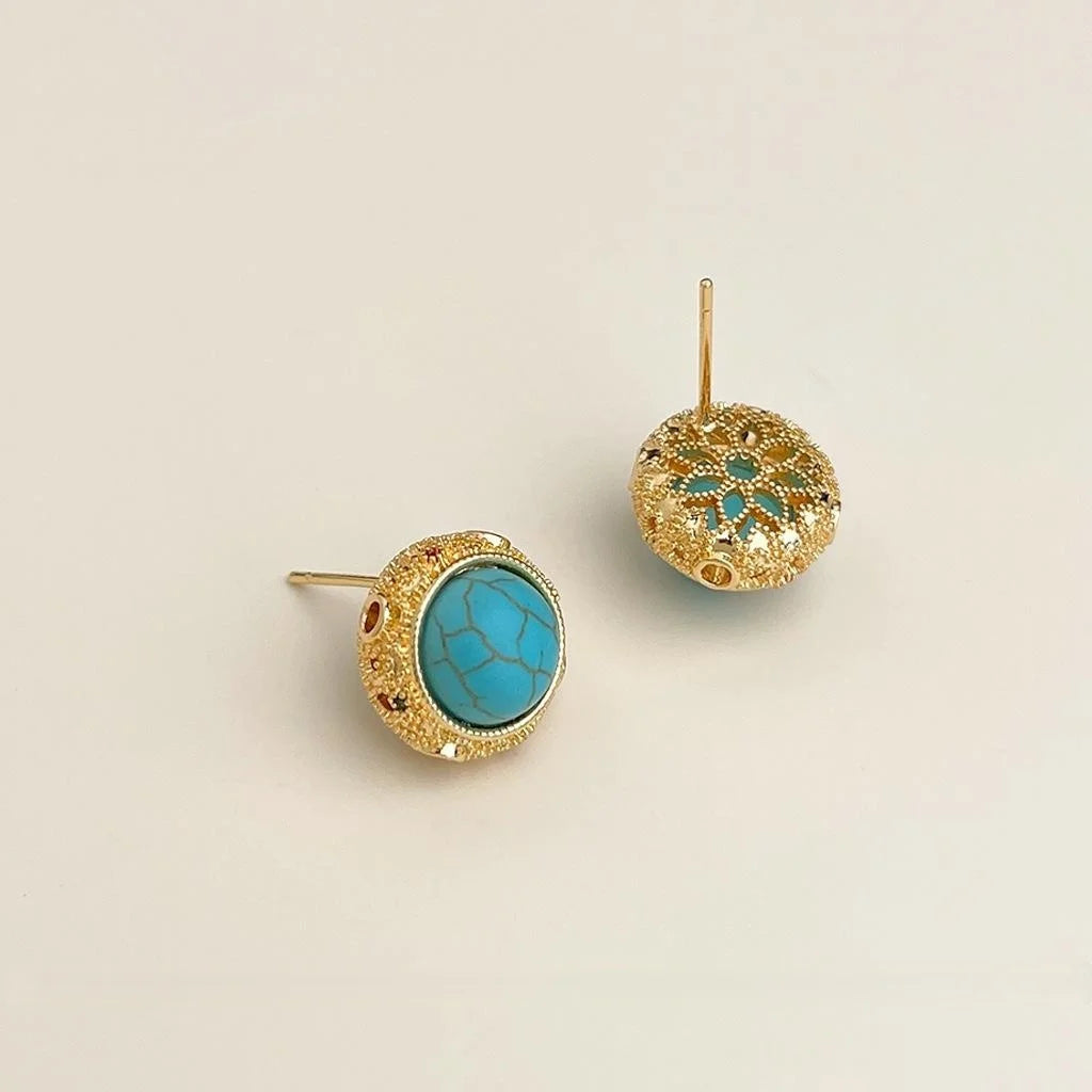 Vintage French Minimalist Synthetic Turquoise Round Geometric Copper Stud Earrings