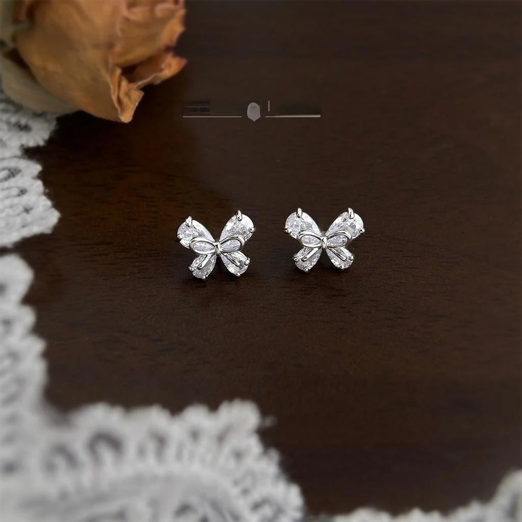 Minimalist Micro Pave Zircon Butterfly Copper Stud Earrings Elegant Sweet Style