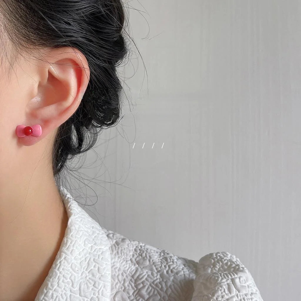 Cute Pink Enamel Bow Stud Earrings Silver Plated Pin Metal Sweet Jewelry