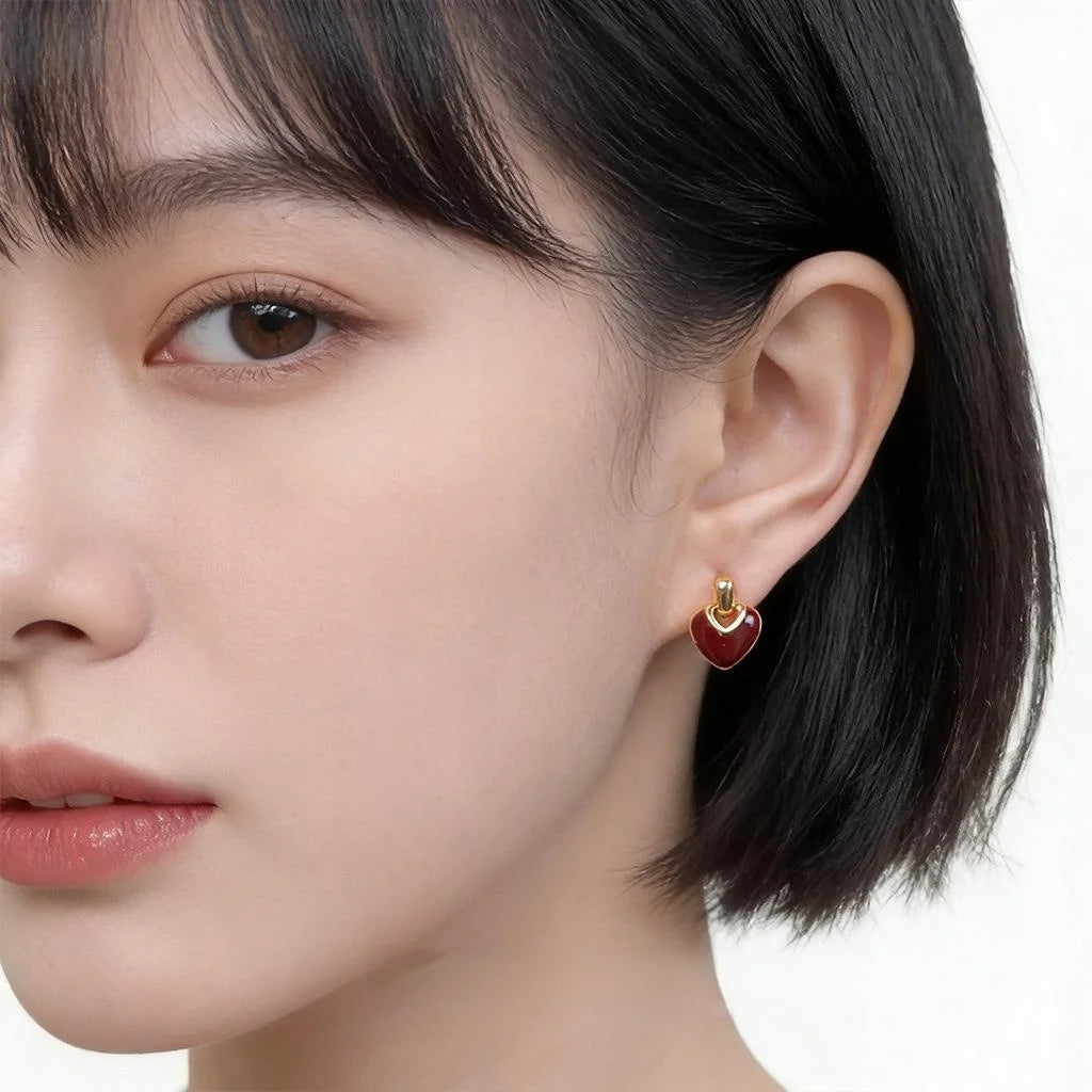 Vintage Hong Kong Style Copper Drip Enamel Heart Geometric Stud Earrings