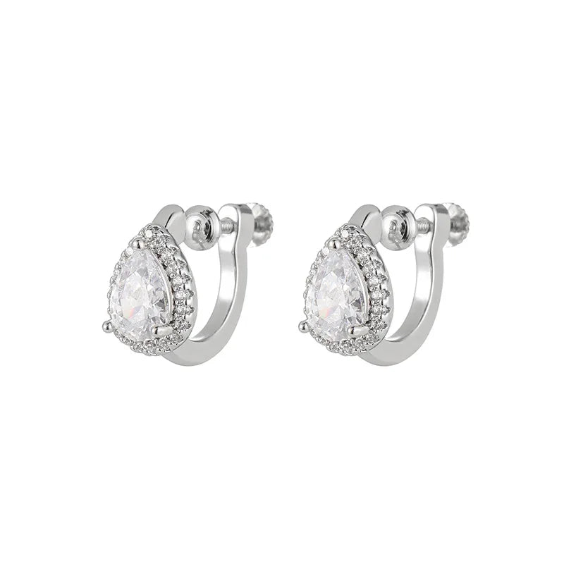 Elegant Teardrop Zircon Hoop Stud & Clip On No Piercing Screw Back Office Fashion Earrings