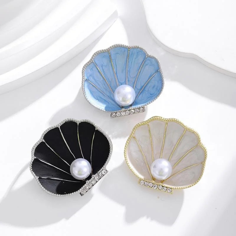 Elegant Pearl Shell Brooch With Enamel Alloy Rhinestone Trim, Luxury Women's Lapel Pin Suit Accessory
