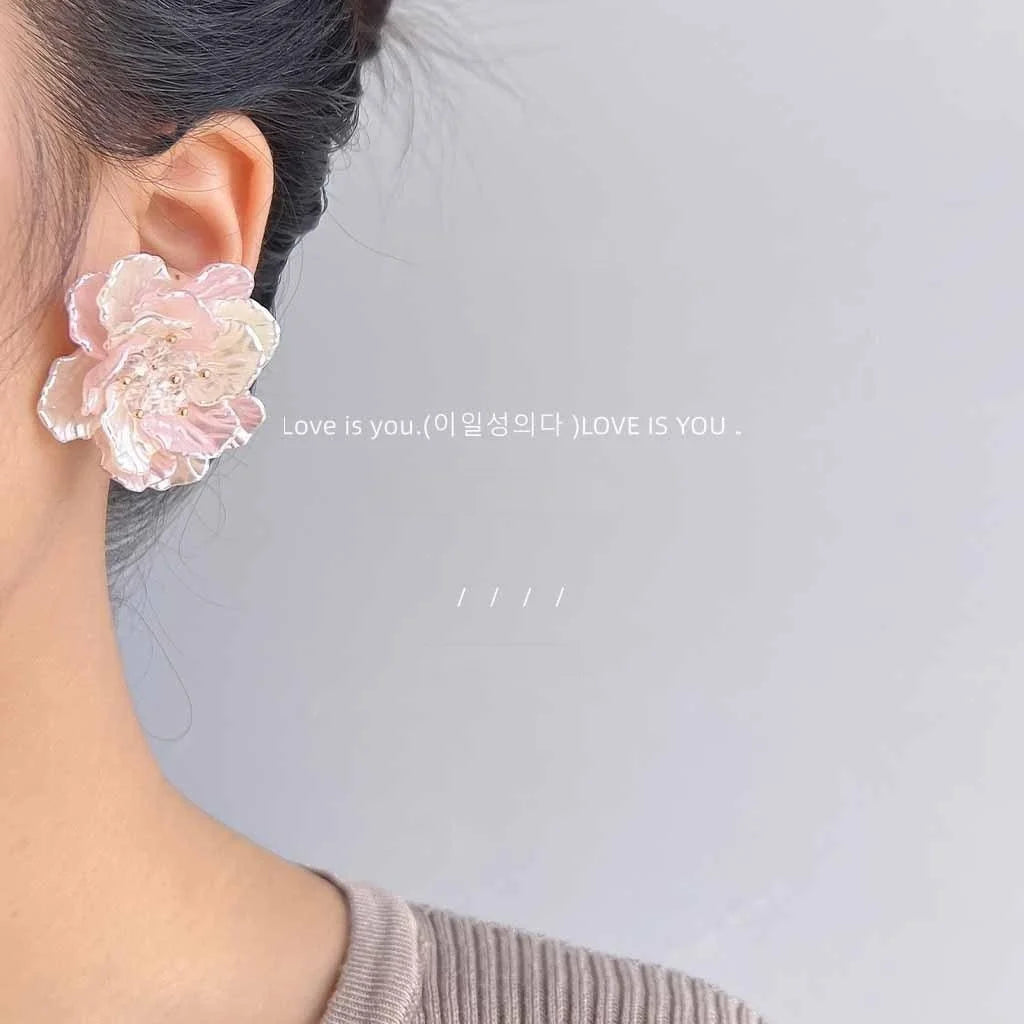 Cute Pink Acrylic 3D Flower Petal Stud Earrings With Silver Plated Pins For Street Style