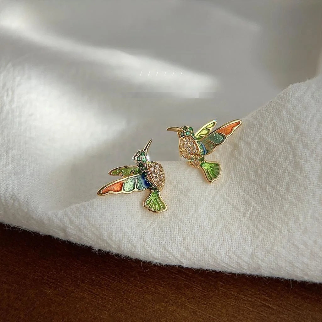 14K Gold Plated Copper Hummingbird Stud Earrings Colorful Enamel Micro Pave Zircon New Chinese Jewelry