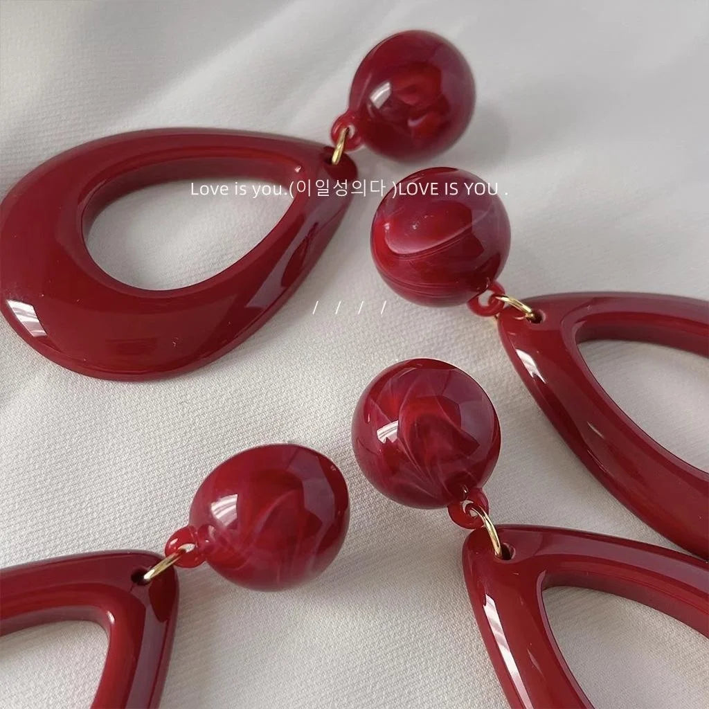 Burgundy Acrylic Waterdrop Stud Earrings Silver Plated Pin French Retro Hong Kong Style Jewelry