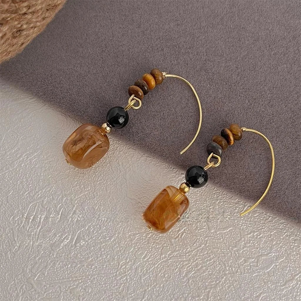 Handmade Vintage New Chinese Style Tiger Eye Natural Stone Irregular Geometric Drop Earrings
