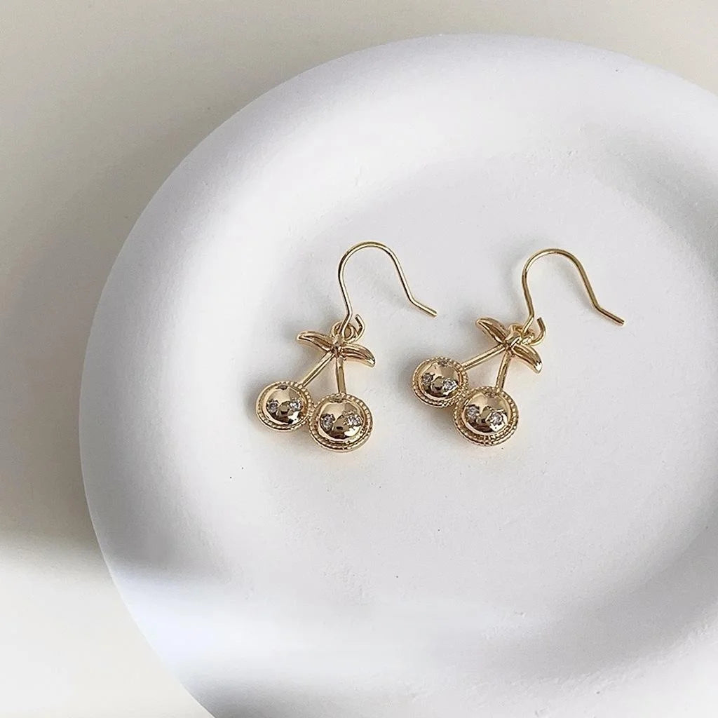 18K Gold Plated Copper Micro Pave Zircon Cherry Drop Earrings Cute Mini Fruit Jewelry