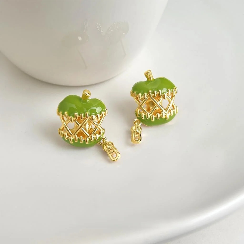 Original Green Apple Enamel Drop Earrings Eco-Friendly Copper Fresh Fruit Jewelry For Women