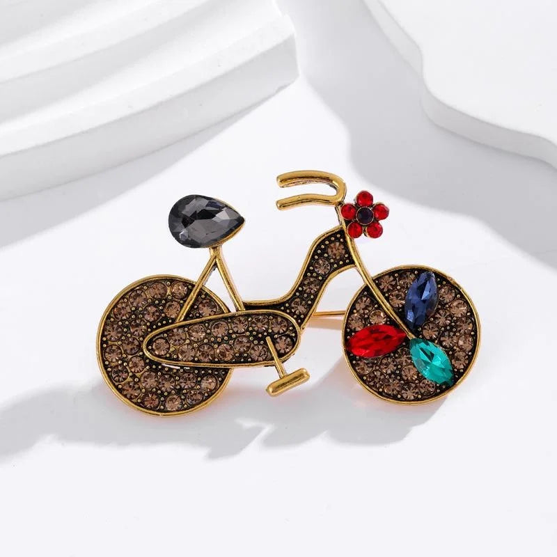 Vintage Bicycle Rhinestone Zinc Alloy Brooch, Cute Floral Bike Lapel Pin Suit Accessory Gift