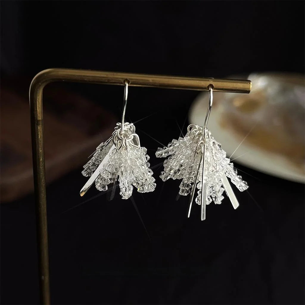 Sparkling Firework Glass Crystal Tassel Drop Earrings Copper Handmade Sweet Designer Jewelry