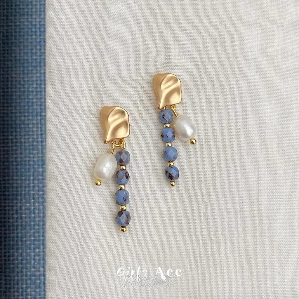 Handmade Ethnic Freshwater Pearl Czech Glass Geometric Long Drop Earrings