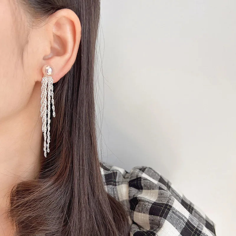 Elegant Luxury Spiral Pink Pearl Long Chain Tassel Alloy Stud & Clip On No Piercing Drop Earrings