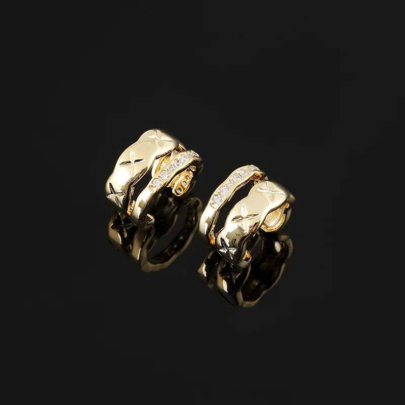 Vintage Quilted Gold Alloy Zircon Double Layer Ear Cuff Stud & Clip On No Piercing Luxury Earrings