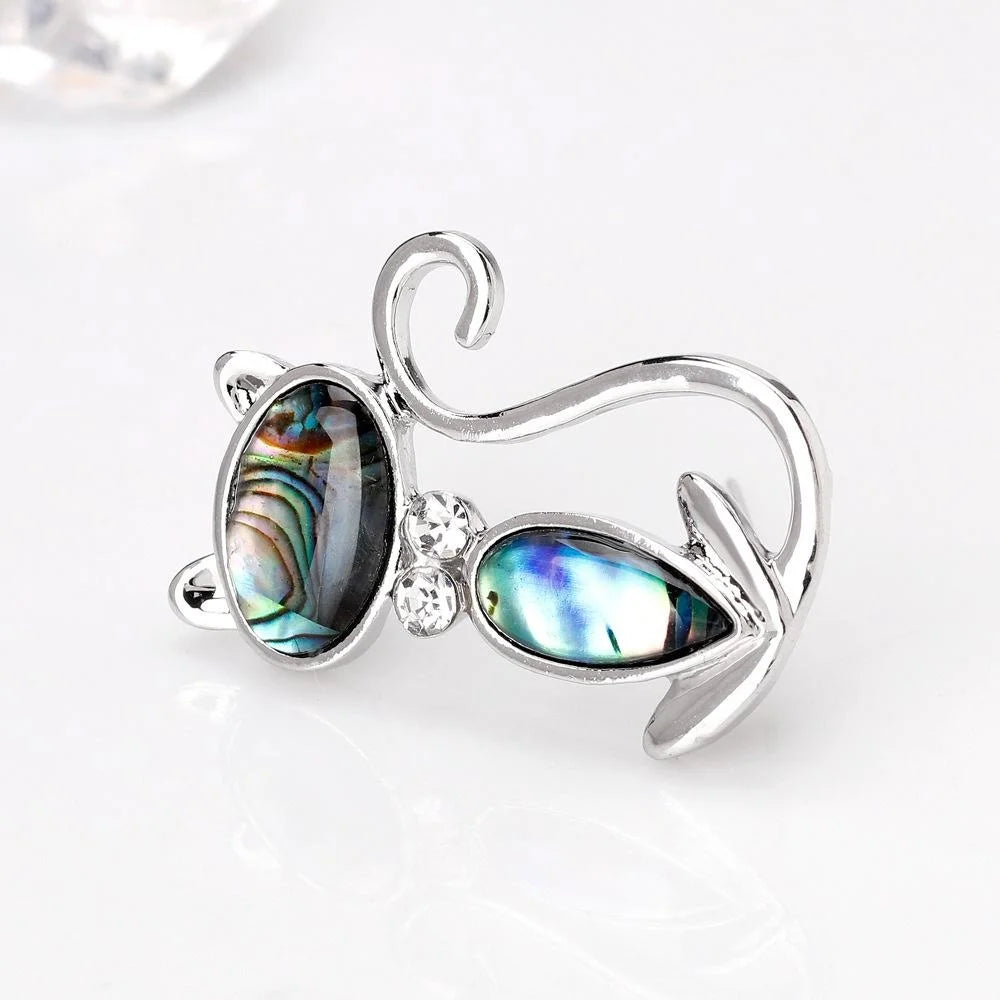 Cute Mother Of Pearl Cat Brooch With Rhinestone Eyes, Elegant Women's Lapel Pin Corsage Suit Accessory Gift