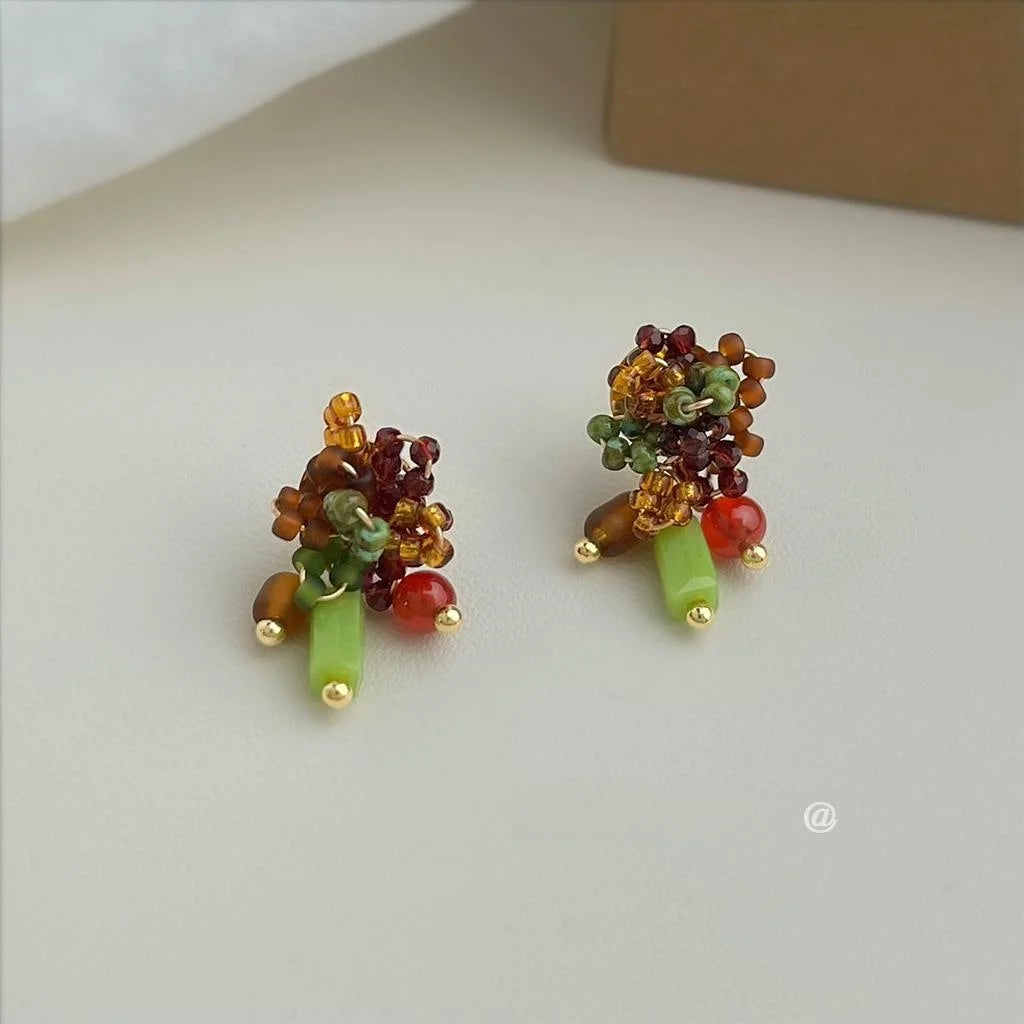 Boho Ethnic Floral Geometric Red Agate Glass Crystal Seed Bead Handwoven Drop Earrings