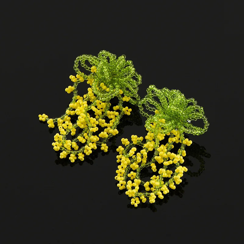 Green And Yellow Crystal Beaded Flower Tassel Stud & Clip On No Piercing Statement Drop Earrings