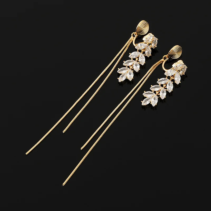 Elegant Gold Alloy Wheat Ear Marquise Zircon Tassel Stud & Clip On No Piercing Long Chain Dangle Earrings