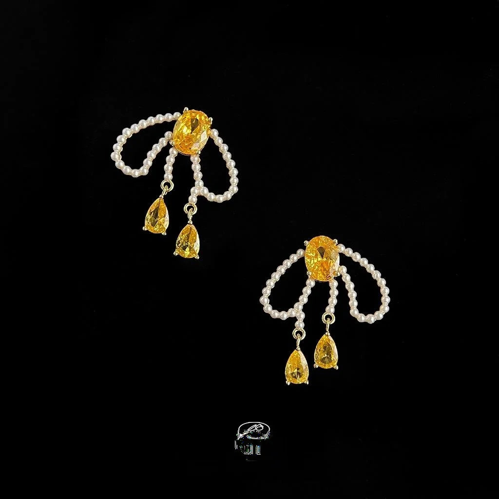 14K Gold Plated Copper Zircon Inlaid Pearl Bow Drop Earrings Vintage Minimalist Style