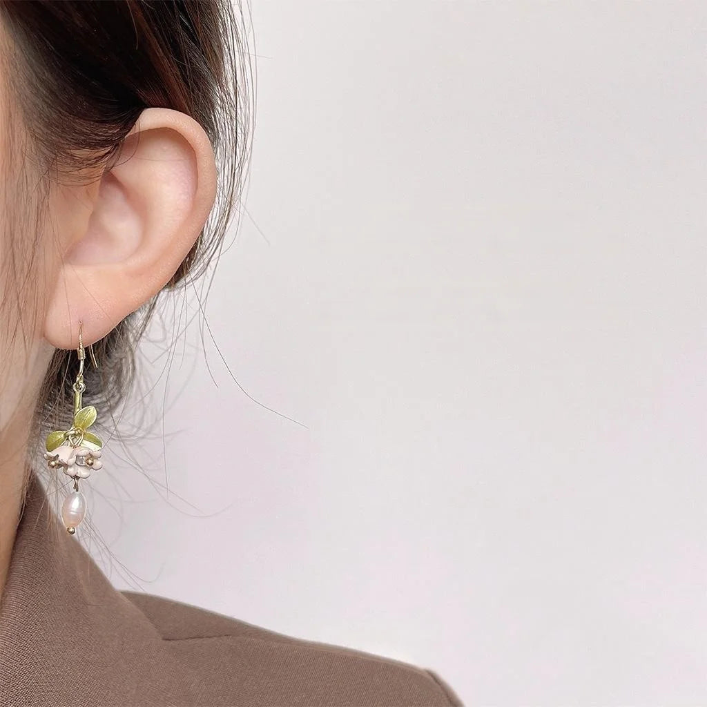 Handmade Lily Of The Valley Freshwater Pearl Green Enamel Tassel Drop Earrings