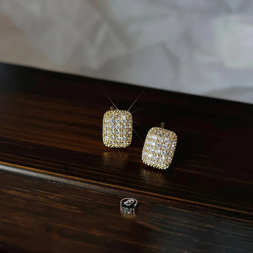 14K Gold Plated Copper Geometric Rectangle Micro Pave Zircon Stud Earrings Minimalist Luxury