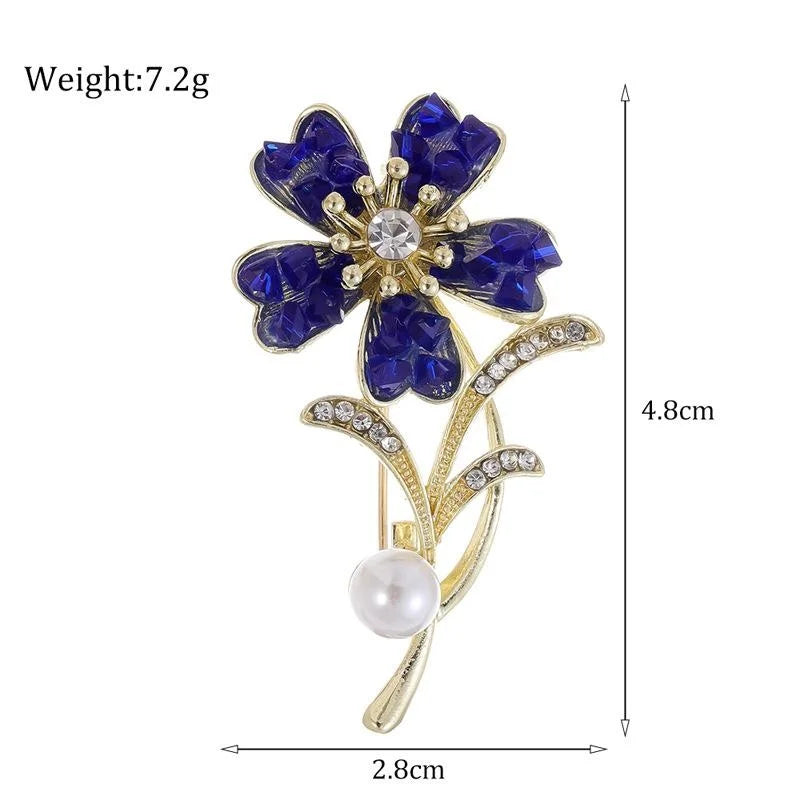 Elegant Enamel Flower Brooch With Rhinestone Leaves And Pearl, Gold Alloy Lapel Pin Corsage Suit Accessory
